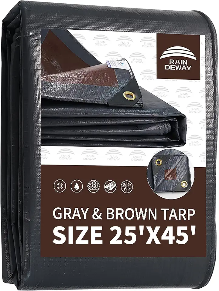 RAINDEWAY 25x45 Feet Super Heavy Duty Tarp 18 Mil, UV Resistant, Weatherproof, Multipurpose Waterproof Poly Tarp with Grommets and Reinforced Edges, Brown/Gray Tarp