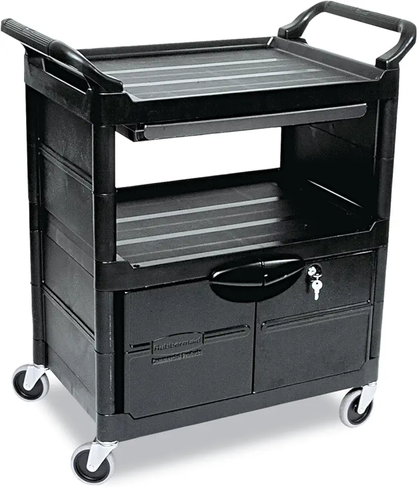 Rubbermaid Commercial Products Utility Service Rolling Cart with Wheels, Black, for Restaurant Office School Use, With Drawers 300 lbs