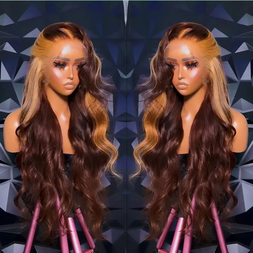30 Inch Ombre Highlight Honey Blonde Lace Front Wig Human Hair Chocolate Brown Skunk Stripe Wig Human Hair Lace Front Body Wave 13x4 Transparent HD Lace Frontal Wigs for Women