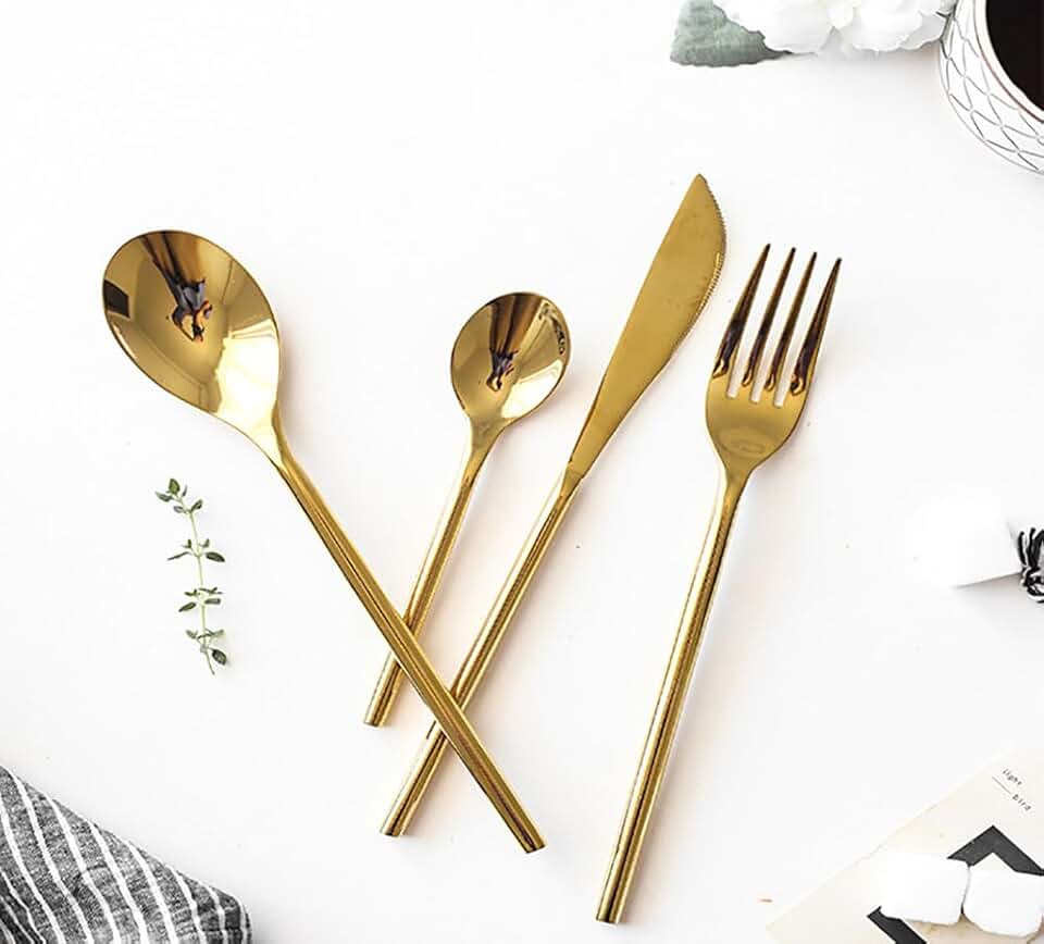 Gold Silverware 32 Piece Flatware Set with Serving Utensils 18/10 Stainless Steel Mirror Polished Dinnerware Cutlery Spoons Forks Knives Set for Wedding Hotel Restaurant,Gold Silverware Set for 8