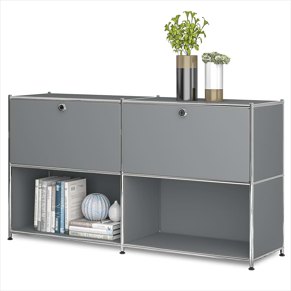 Metal Sideboard with 2 Flap Doors, DIY Modern Home Furnishing,Perfect for Home, Office, Kitchen, Hallway,Foyer and Bedroom Storage(Grey)