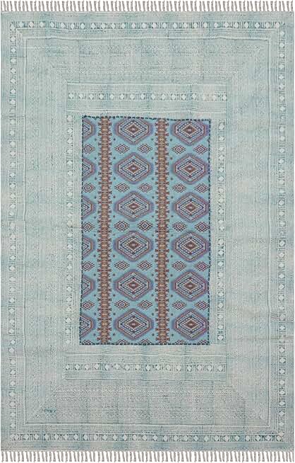 Kilim Rug 10x16 Embroidery Washable Rug Area Rug Boho Rug Blue Multicolor Cotton Dhurrie Indoor Outdoor Use Flatweave Rugs for Large Area Living Room Bedroom Dining Table Room