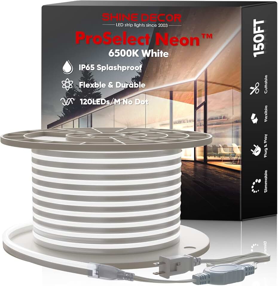 Shine Decor LED Neon Rope Lights 150FT, Neon LED Strip Light 6500K Cool White 120LEDs/M Flexible, ETL-Listed 110V-120V AC Rope Lights Waterproof, Custom Cuttable Neon Lighting for in&Outdoor