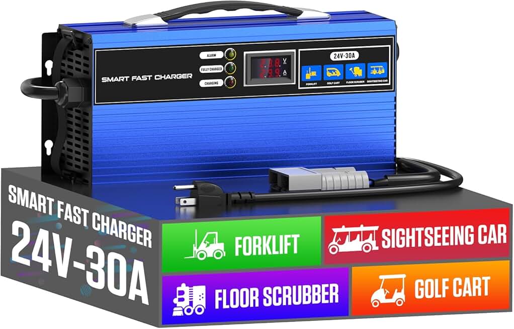 BELEY 24V 30A Smart Charger for Forklift & Golf Cart - Fully Automatic, Portable, with LCD & Cooling Fan Suitable for 200AH-300AH Lead-Acid Batteries Ideal for Electric Pallet Jacks & Floor Scrubbers