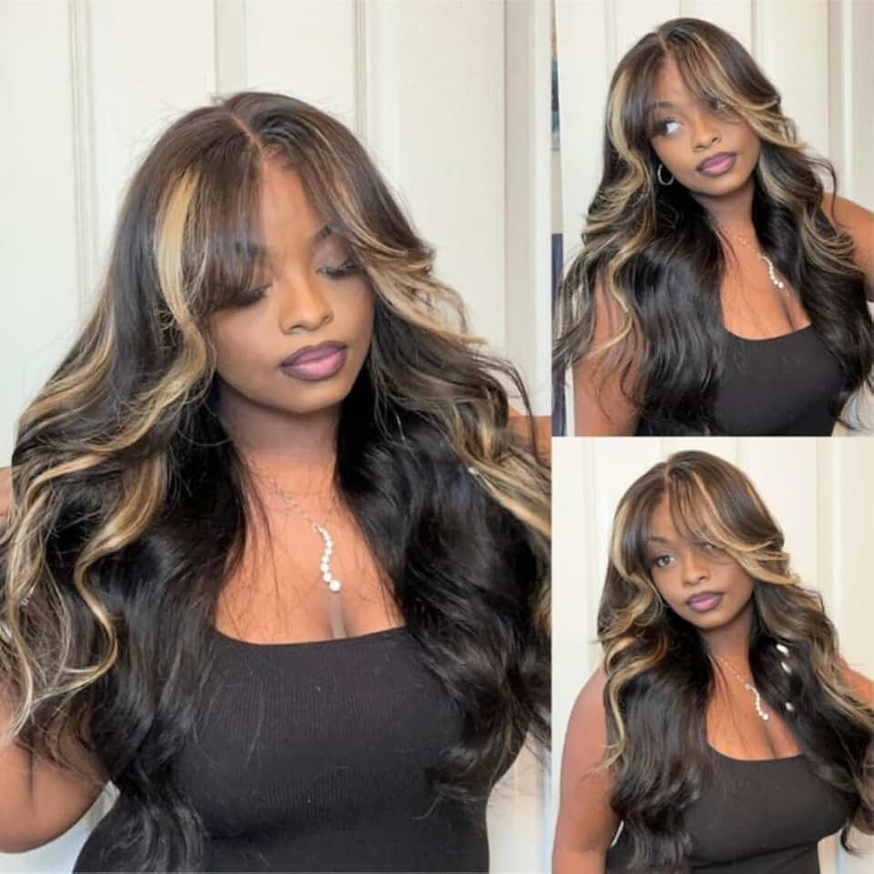 Nadula Bye Bye Knots Glueless Wig Blonde Highlight Body Wave Wig Human Hair Pre Plucked Chocolate Brown Pre Cut Lace 7x5 HD Wear and Go Wigs Ready to Wear Beginners Wig for Women 24inch