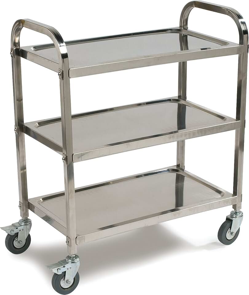 Carlisle FoodService Products Utility Cart Wheeled Cart with 3 Shelves for Office, Restaurant, Hotel, and Hospital, Stainless Steel, 33.4 x 15.6 Inches, Gray