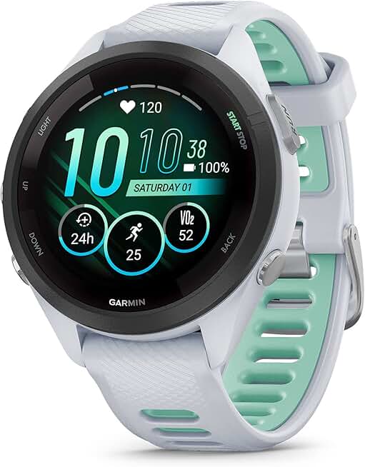 Garmin Forerunner 265S Running Smartwatch, Colorful AMOLED Display, Training Metrics and Recovery Insights, Whitestone and Neo Tropic 42 mm