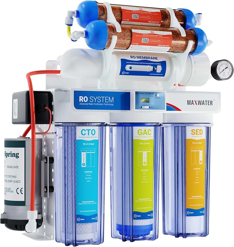 Max Water 6 Stage 100 GPD (Gallon Per Day) RODI (Reverse Osmosis Deionization) Water Filtration System + Digital TDS Meter + Booster Pump for Aquarium