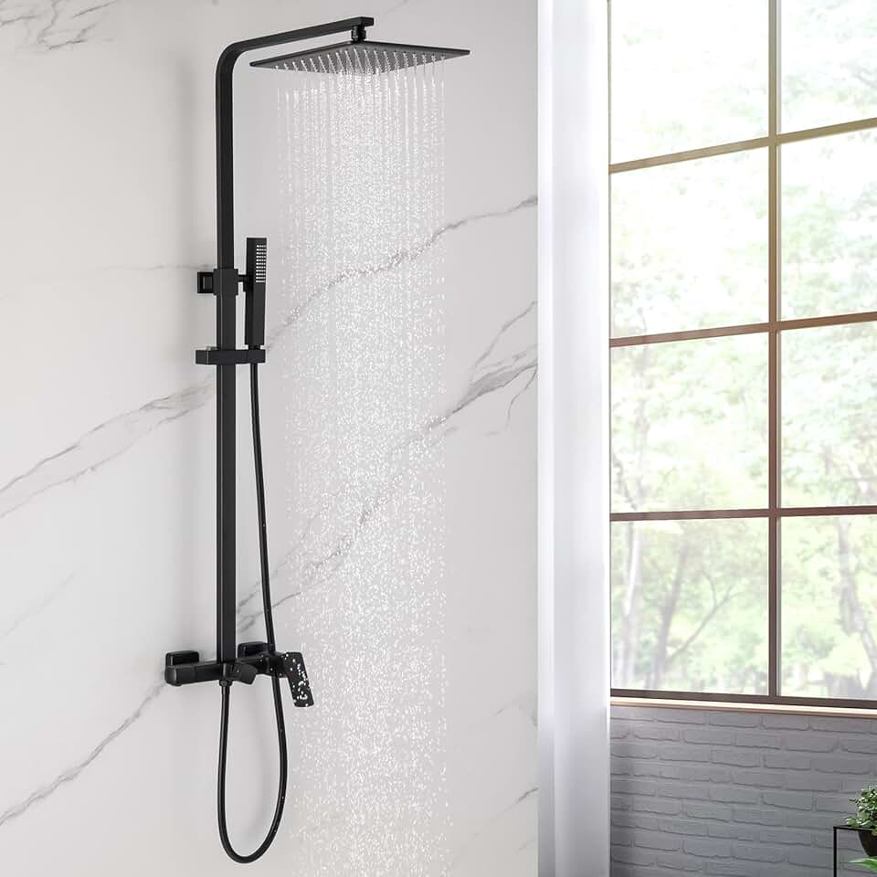 RBROHANT Matte Black Exposed Shower System with Tub Spout, 3-Functional Exposed Shower Fixtures with Brass Valve, Shower Height Adjustable, Wall Mounted, RB0881