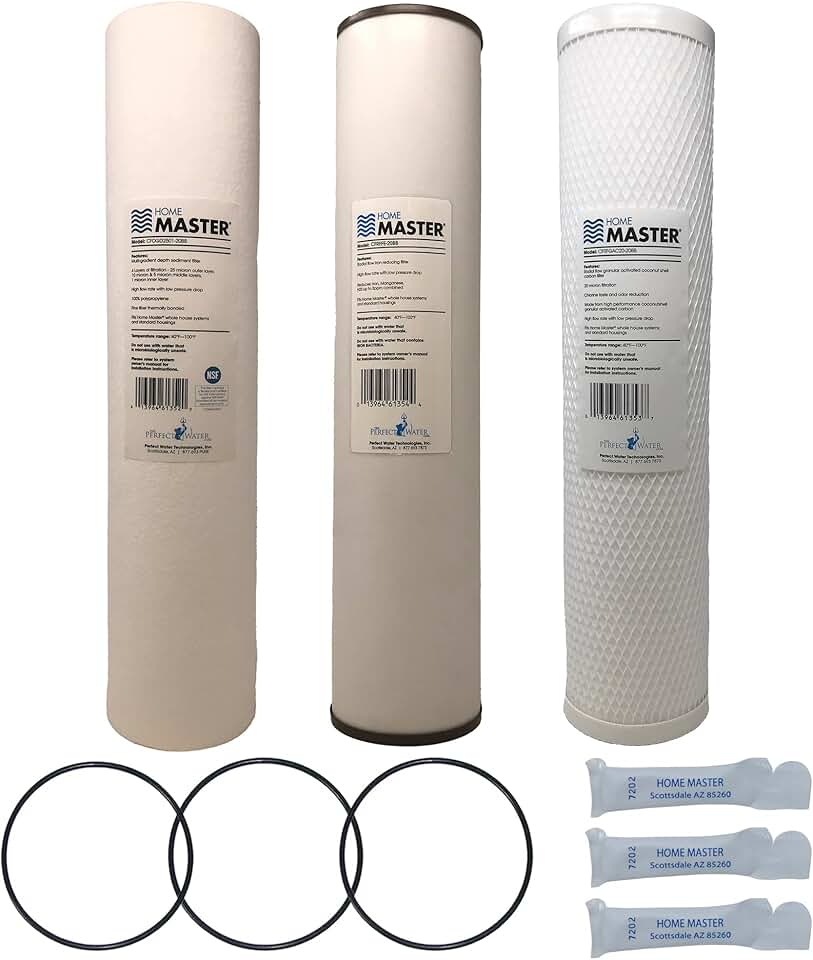 Home Master Whole House 4-Layer Sediment 25 to 1 Micron, Iron, Radial Flow GAC Carbon, 2 orings & Grease, 15gpm, Replacement Filter Set CsetBB3SmgFeC 20x4.5
