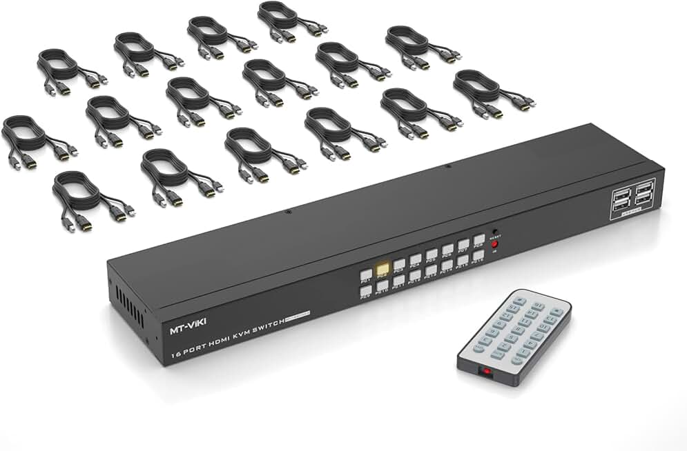 MT-VIKI 4K 16 Port KVM Switch HDMI, 4K@30Hz Rack Mount KVM Console w/16 Cables + 4 USB 2.0 Devices + IR Remote, Support EDID Storage, HDMI 1.4, HDCP 1.4 for 16 Computers/Servers, Fit 1U 19'' Rack