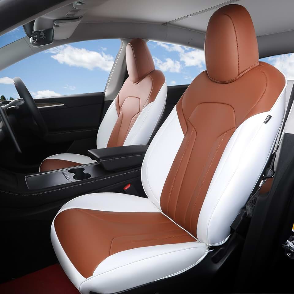 Custom Seat Covers for Tesla Model Y 2020 2021 2022 2023 2024 Full Set Faux Leather Accessories - Airbag Compatible - White Brown