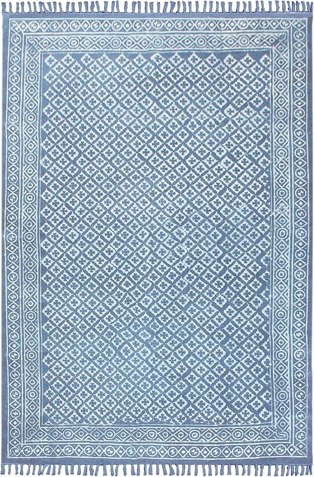 Area Rug 5x8 Kilim Rug Handmade Boho Rug Abstract Rug Blue Cotton Area Rug Easy Washable Rug Flatweave Rugs for Small Bedroom Rug Living Room Kitchen Bathroom Laundry Room