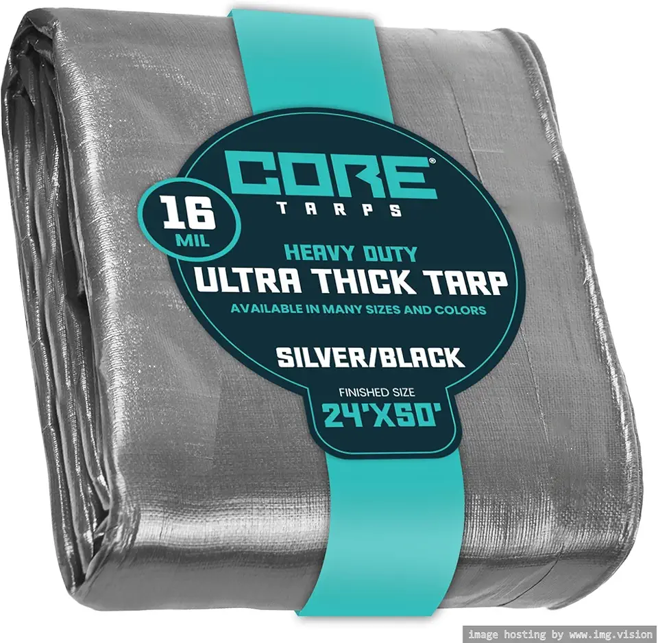Core Tarps Extra Heavy Duty 16 Mil Tarp Cover, Waterproof, UV Resistant, Rip and Tear Proof, Poly Tarpaulin with Reinforced Edges for Roof, Camping, Patio, Pool, Boat (Silver/Black 24′ X 50′)