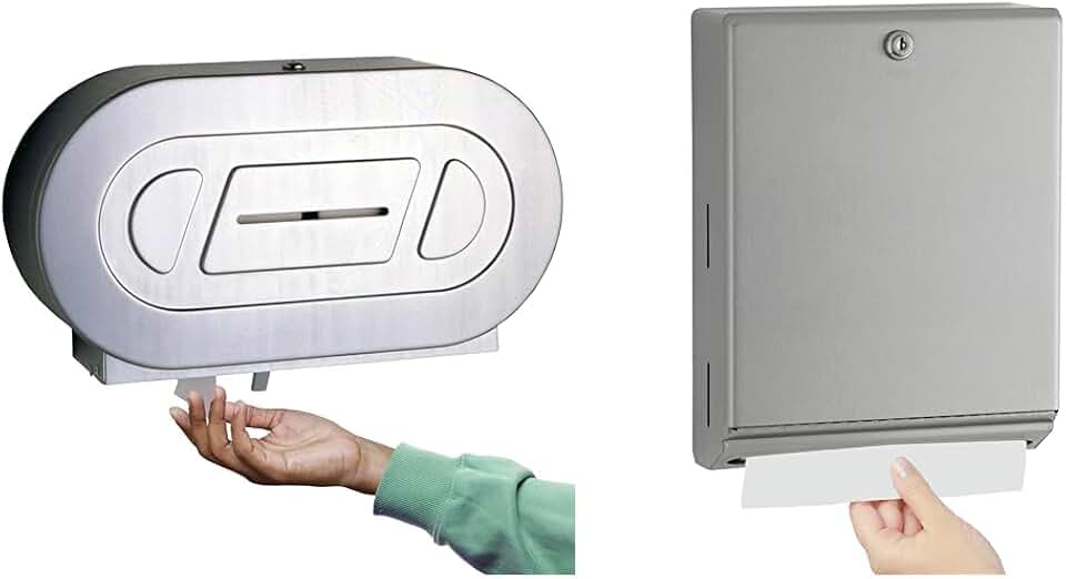 Bobrick B-2892 Twin Jumbo-Roll Toilet Paper Dispenser and B-262 400 C-Fold or 525 Multifold Paper Towel Dispenser Bundle