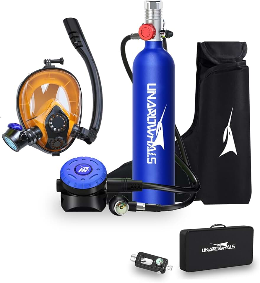 Mini Scuba Tank with Mask, 10-20 Minutes Diving Lung Tanks, DOT-Certified Scuba Diving Tank, Portable Dive Portable Lungs, 1L(7 Cu Ft) Capacity, 3000 Psi Max Pressure, Aluminum Tank, Within 30 Ft