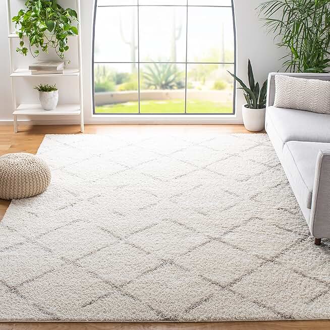 SAFAVIEH Arizona Shag Collection 8' Square Ivory/Beige ASG743A Moroccan Diamond Non-Shedding 1.6-inch Thick Living Room Dining Bedroom Area Rug