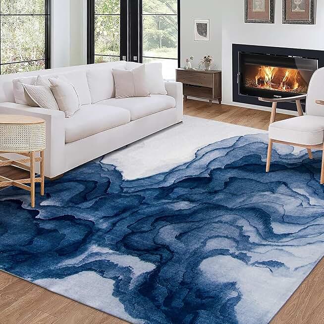 ReaLife Machine Washable Area Rug - Living Room Bedroom Bathroom Kitchen Entryway Office - Padded Low Pile Stain Resistant Premium - Modern Abstract Contemporary - Ian - Blue 7'6