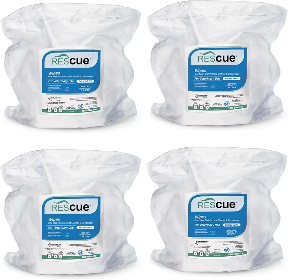 REScue One-Step Disinfectant Cleaner & Deodorizer Wipes for Veterinary Use – For Kennels & More – Extra Large Wipes, 160-Count Bucket Refill (4 Pack)