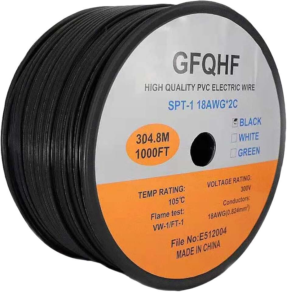1000FT SPT-1 Black Electrical Wire,UL Listed 18/2 Zip Cord Wire 18 Gauge Wire,Work with SPT-1 Vampire Plug