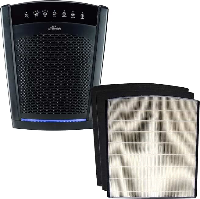 Hunter HP800 Air Purifiers for Home Large Room and Bedroom. True HEPA Air Purifier for Pets, Odors, Allergens, Smoke, Dust, VOC's. Value Bundle w/Extra Filter. Cleans 2585 Ft² per hour. Black