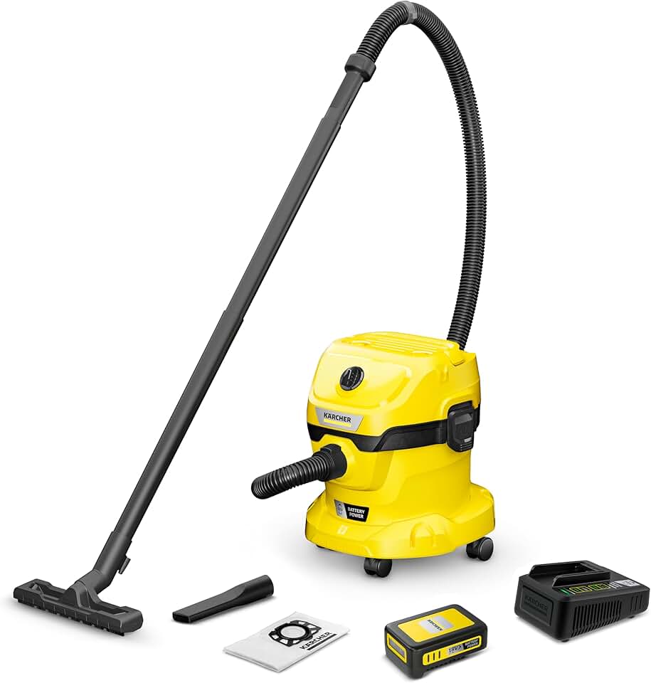 Karcher WD 2-18 Wet Dry Shop Vac, with 5.0 Ah 18 V Battery/Real Time Technology, LCD Display, Lithium-Ion Cells and 18V Fast Charger