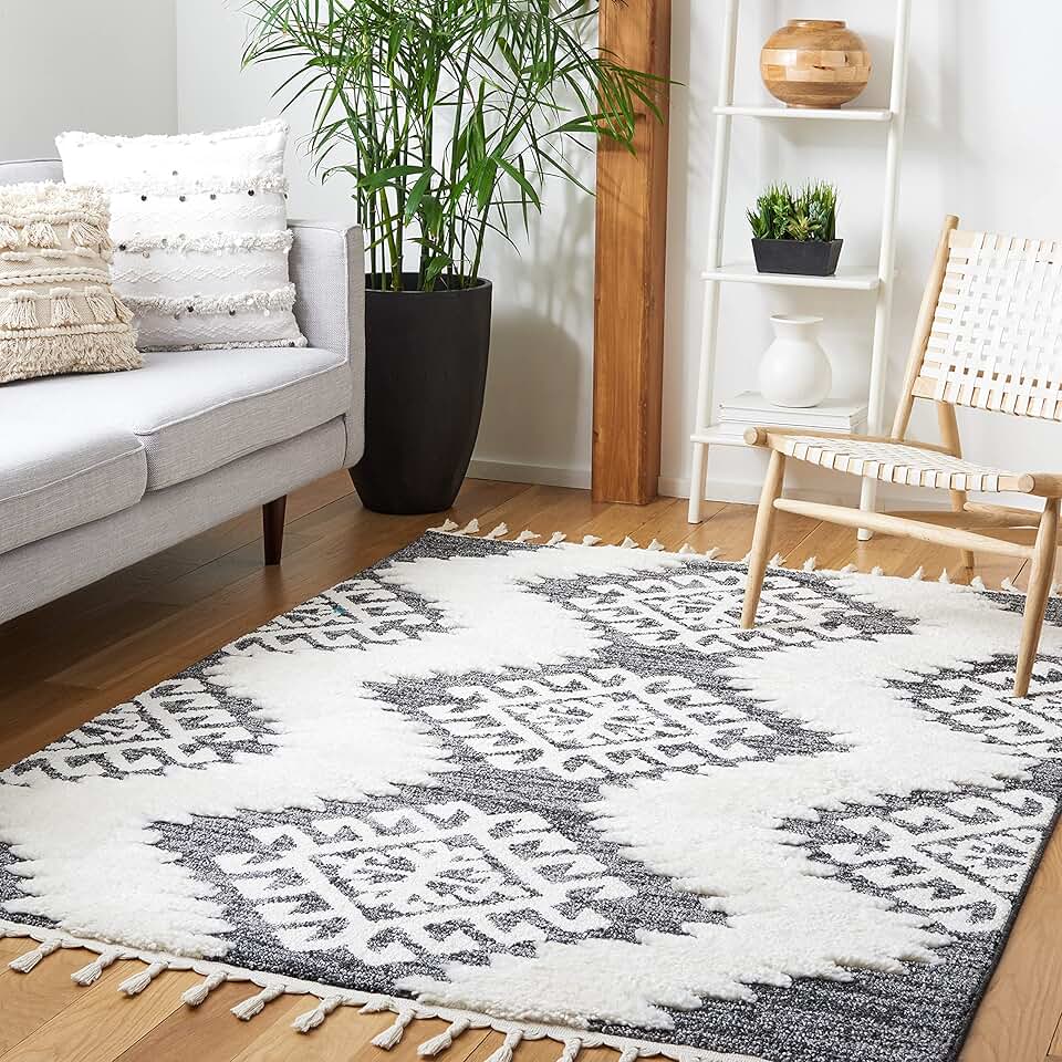 SAFAVIEH Moroccan Tassel Shag Collection Area Rug - 8' x 10', Dark Grey & Ivory, Rustic Trellis, Non-Shedding & Easy Care, 2-inch Thick Ideal for High Traffic Areas in Living Room, Bedroom (MTS652H)