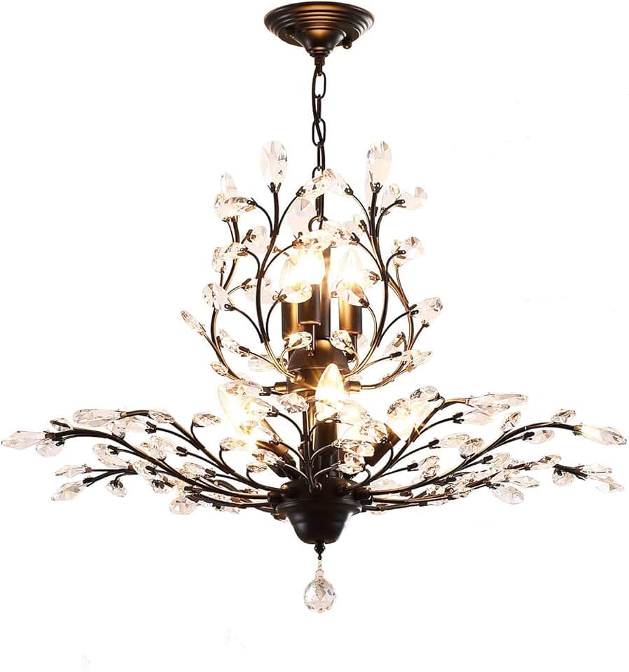 Garwarm 8-Light Vintage K9 Crystal Chandeliers Ceiling Lights Crystal Pendant Lighting Ceiling Light Fixtures Chandeliers Lighting for Living Room Bedroom Restaurant Porch Chandelier(Black)