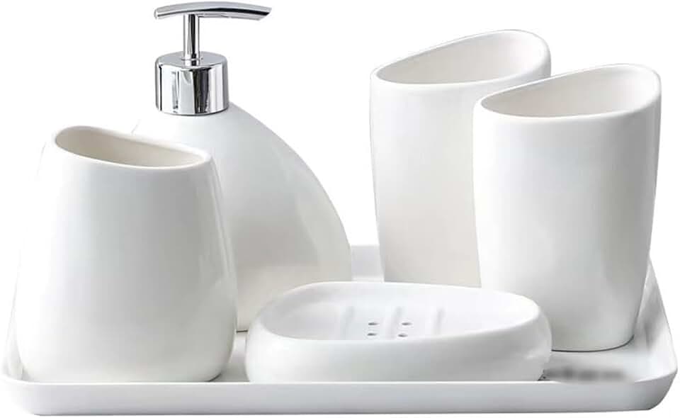 White Ceramic Toiletry Set Hotel Toiletries Dispenser Lotion Bottle Mouthwash Cup Toothbrush Holder