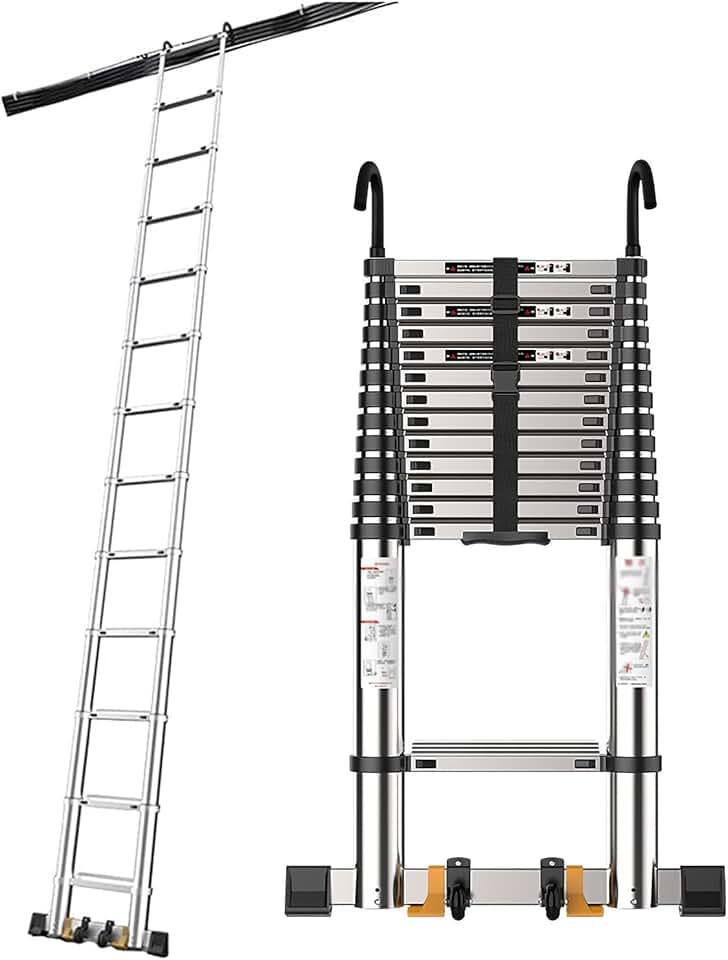 Extendable Ladders 5m/4m/10FT/2m Extension Ladder with Hooks and Stabilizer Bar, Aluminum Portable Telescopic Ladder for Attic/Roof Top/Outdoor/Industrial, Load 150kg