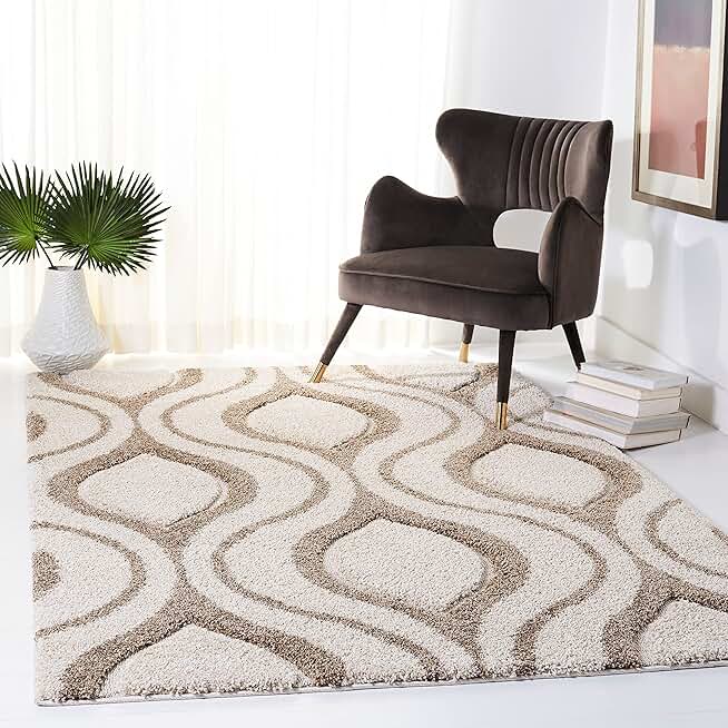 SAFAVIEH Florida Shag Collection Area Rug - 6' x 9', Ivory & Beige, Modern Ogee Design, Non-Shedding & Easy Care, 1.2-inch Thick Ideal for High Traffic Areas in Living Room, Bedroom (SG461-1213)