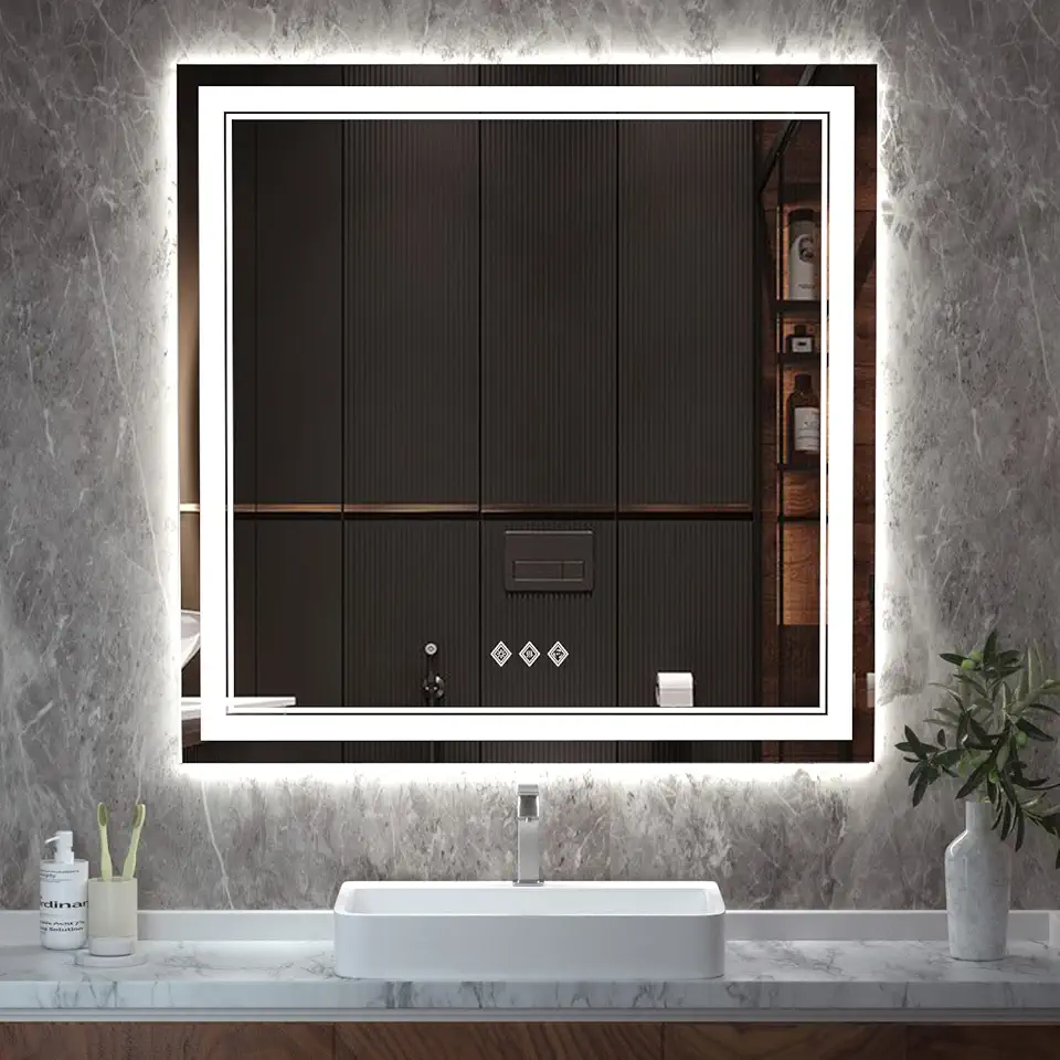 LED Mirror for Bathroom, 36x36 Inch Gradient Front and Backlit LED Bathroom Mirror, 3 Colors Dimmable CRI>90 Double Lights, Enhanced Anti-Fog, Hanging Plate Wall Mount Lighted Vanity Mirror
