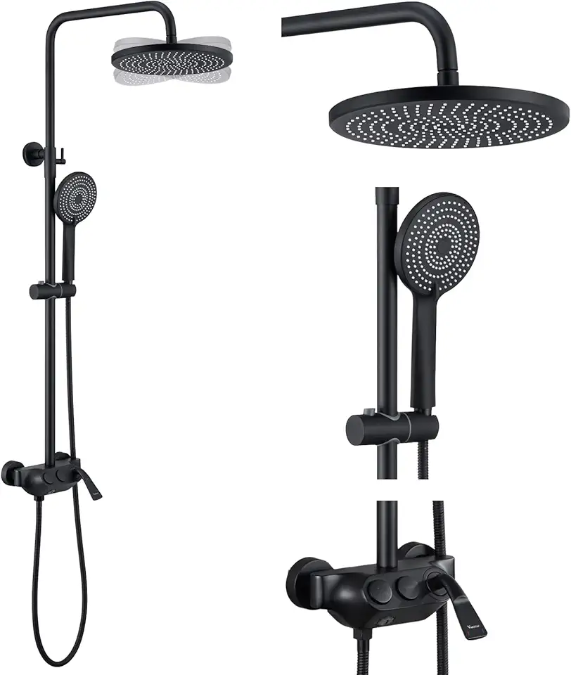 Exposed Pipe Shower System with Tub Spout, 3 Functions Matte Black Shower System with Brass Valve, 3-in-1 Handheld Spray Outdoor Shower Faucet Set, Shower Height Adjustable