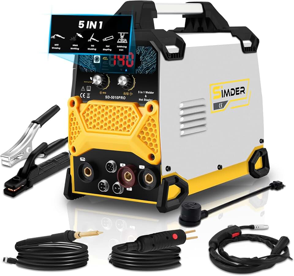 SSIMDER MIG Welder 5 in 1 Flux MIG/Stick/TIG/Plastic welding/Soldering iron welding Machine 110V/220v Dual Voltage multiprocess Welder with Plastic Repair Torch Soldering Torch Plastic Welder