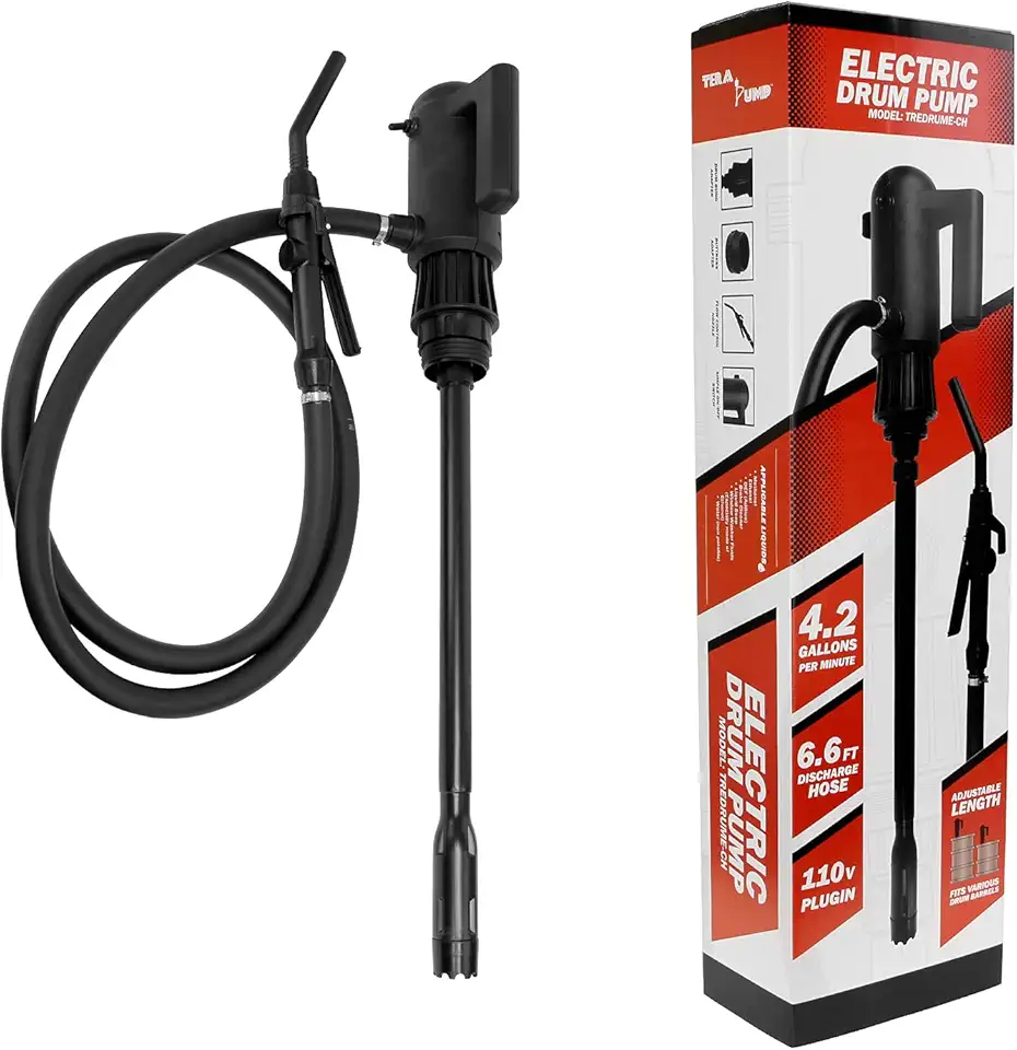 TERA PUMP Telescopic Chemical Plug-in Electric Barrel Pump (4.2-GAL/MIN) for Methanol, Ethanol, DEF(AdBlue), Window Washer Fluids, Fits 15-55 Gal Drum Barrels