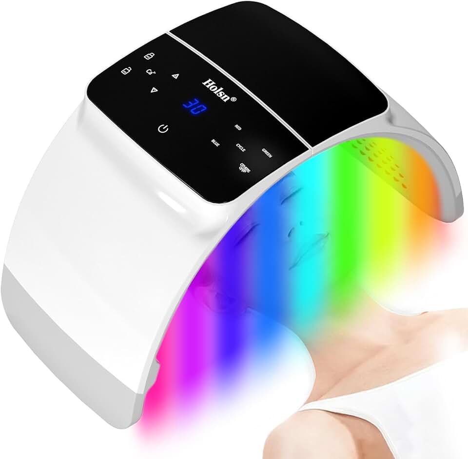 Holsn LED Face Mask Light Therapy - 7 Color Photon LED Light Therapy for Face Body Neck, Professional Red Light Therapy Mask Facial Light Therapy Device Home Solon Spa, Time Preset & Cycle Mode