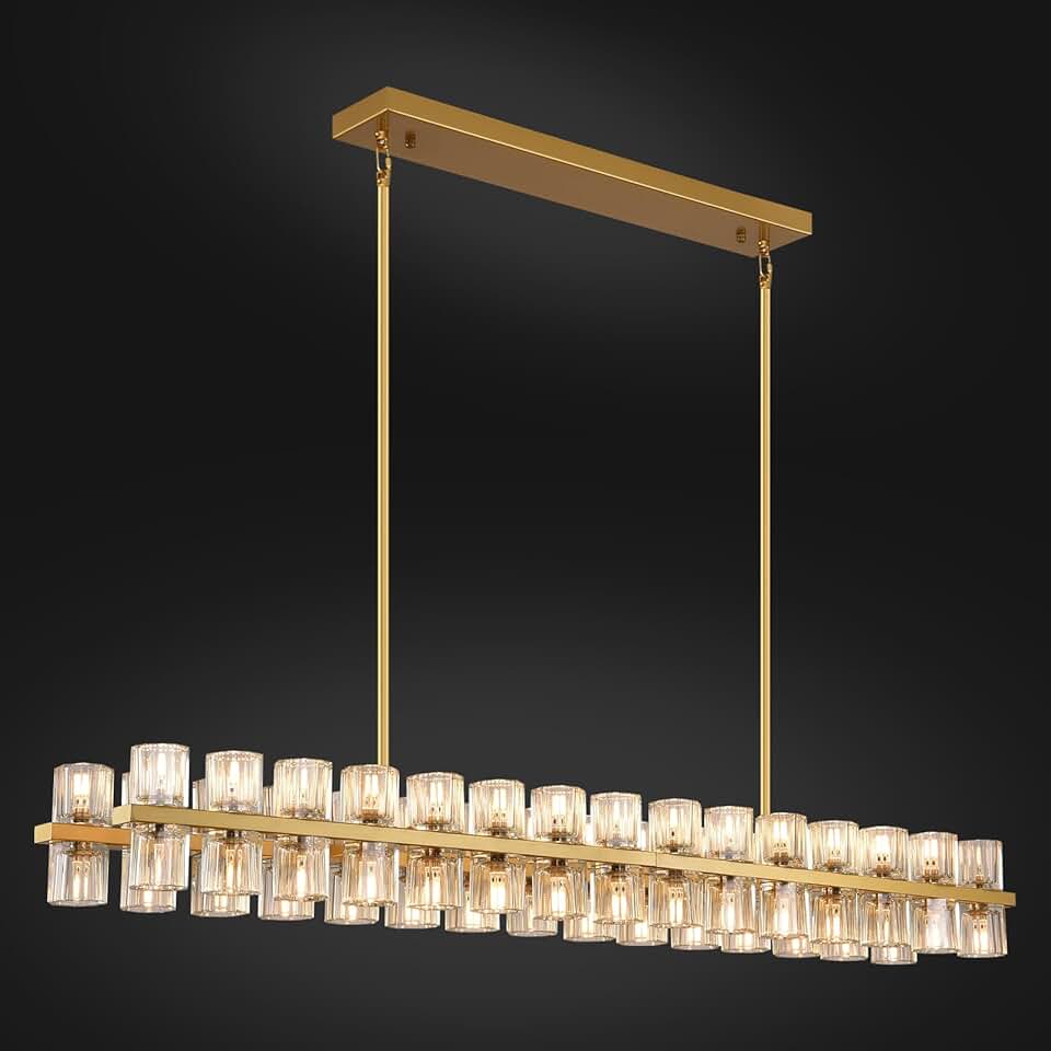 Crystal Brass Rectangular Chandelier Light Fixture,54 in Dining Room Chandelier Over Table,Modern Chandelier For Living Room,Arcachon Chandelier Kitchen Island Chandelier,Includes 60XG4 Bulbs