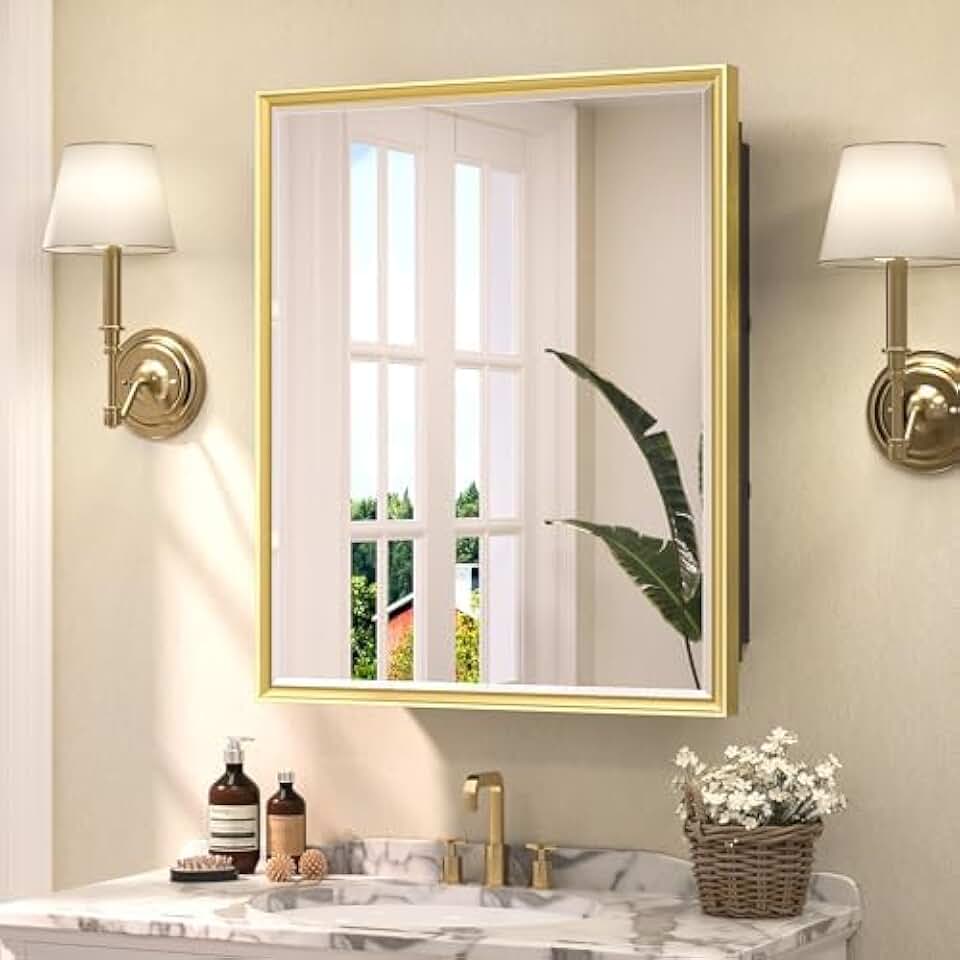 TETOTE Gold Framed 24x30 Inch Medicine Cabinet with Mirror for Bathroom Aluminum Framed Surface or Recessed Wall-Mounted Medicine Cabinets Beveled Mirror with Storage 1 Door Modern Farmhouse
