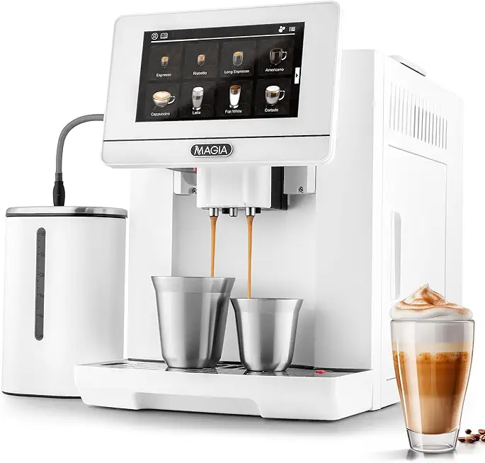 Zulay Magia Fully Automatic Espresso Machine With Grinder - 19 Customizable Coffee Options - Includes Insulated Milk Container & Deluxe Espresso Cups - Auto-Cleaning For Easy Maintenance - New White