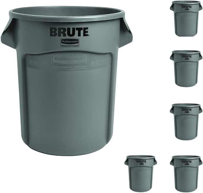 Rubbermaid Commercial Products BRUTE Heavy-Duty Trash/Garbage Can, 20-Gallon, Gray, Wastebasket for Home/Garage/Bathroom/Outdoor/Driveway, Pack of 6