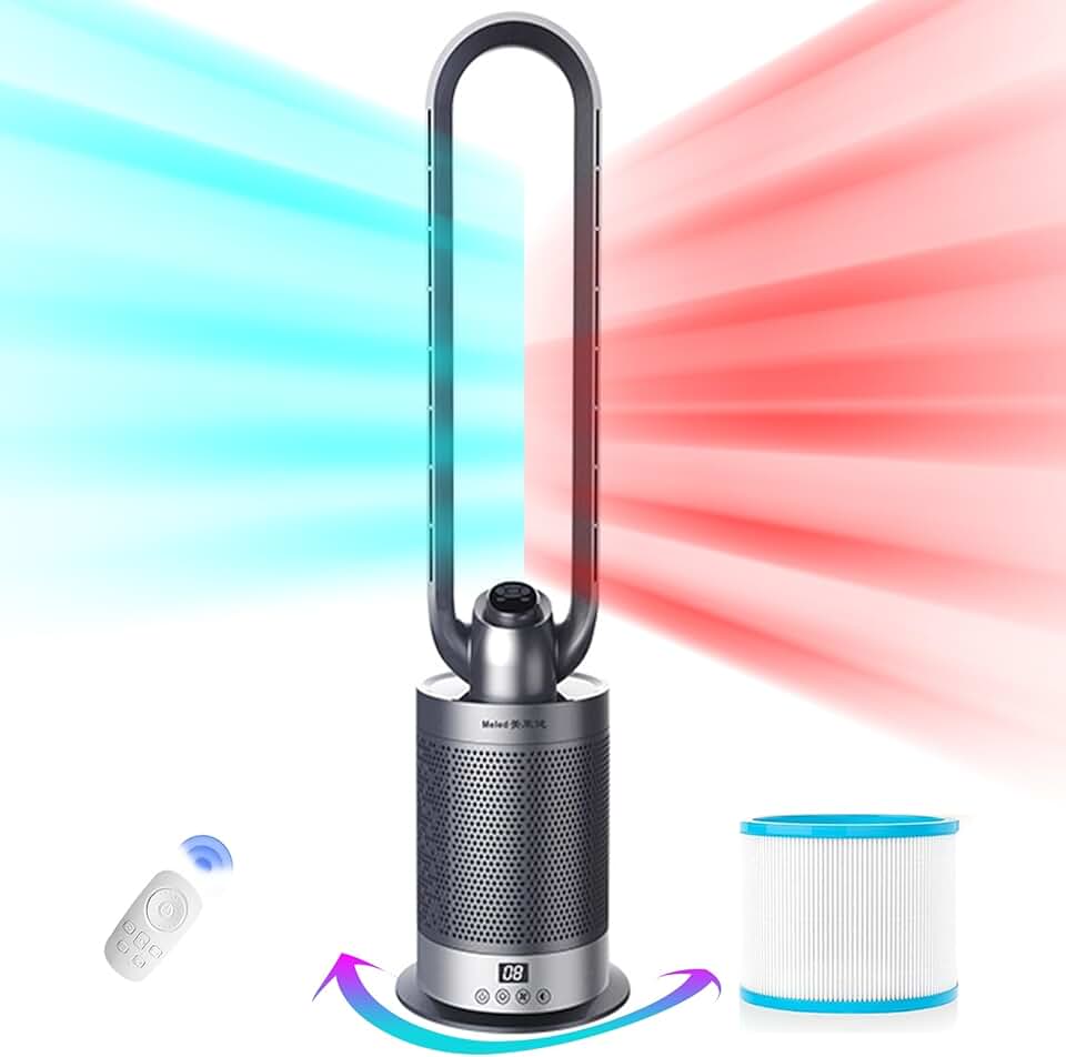 Bladeless Air Purifier, Heater and Fan Combo, Super Quiet, HEPA Filter, All the Season, 120° Oscillating Fan with Remote and Touch Control, 9H Timer, 36 Inch, Large for Indoor Use, Grey