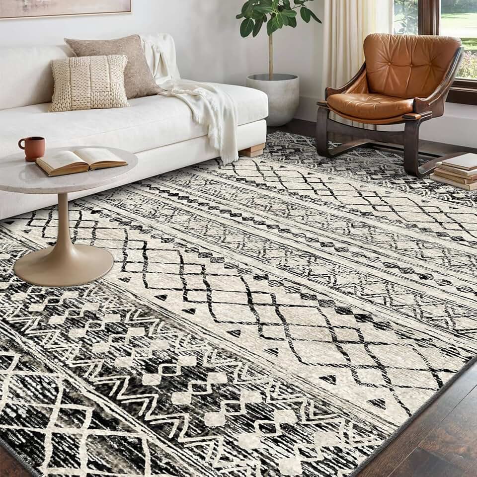 KUTA Moroccan Area Rugs 9x12 Living Room Black Navy Blue, Large Washable Boho Area Rugs Non-Slip, Ultra Soft Geometric Tribal Traditional Farmhouse Carpet for Dining Room Bedroom Dorm Office Home