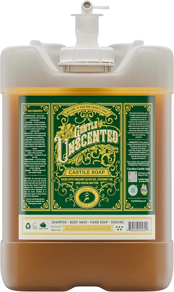 Carolina Unscented Bulk Castile Soap Liquid – Skin-Softening Olive Oil Cleanser - Organic Body Wash – Pure Castile Unscented Liquid Soap – Vegan Castille Soap Liquid (5 gallon)