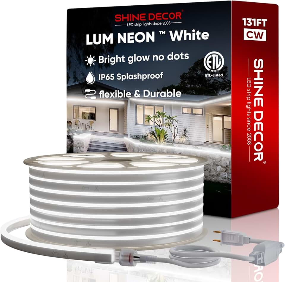 Shine Decor 131FT LED Neon Rope Lights, Bright 6300K Cool White AC110V-120V Neon Strip Light, 8x16mm Cuttable Waterproof SMD2835 120LED/M Indoor Outdoor Light Strips, DIY Ambiance Lighting Decoration