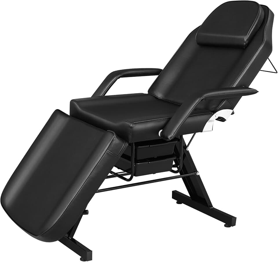 Bigbiglife Massage Salon Tattoo Bed with Beauty Basket,Professional Massage Bed 3 Fold Height Adjustable for Spa Salon Facial Lash Tattoo,Detachable Armrest Towel Hanger 72 Inch Black