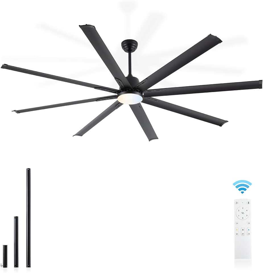 84 Inch Industrial DC Motor Ceiling Fan with LED Light and Remote Control,Large Ceiling Fan, 8 Aluminium Blades 6-Speed,Indoor & Outdoor Ceiling Fan for Patio,Garage,Shop,Library (Black)