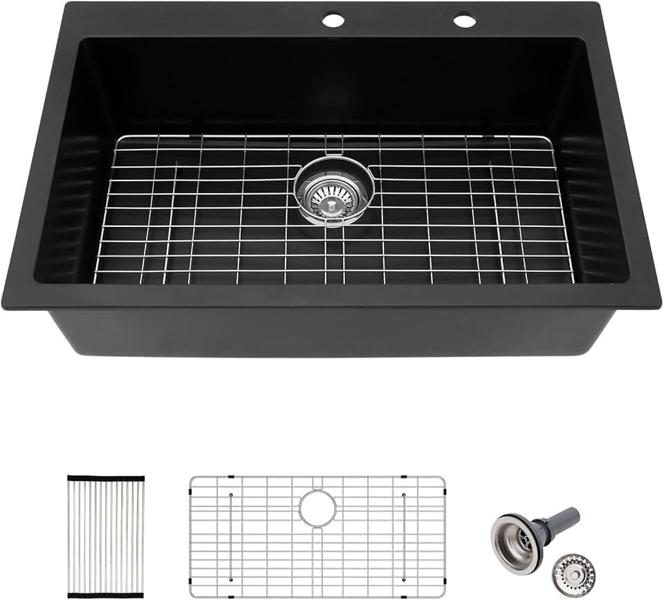 33x22 Inch Drop In Granite Composite Kitchen Sink Matte Black Top mount Quartz Contemporary Single Bowl Kitchen Deep Sink Basin