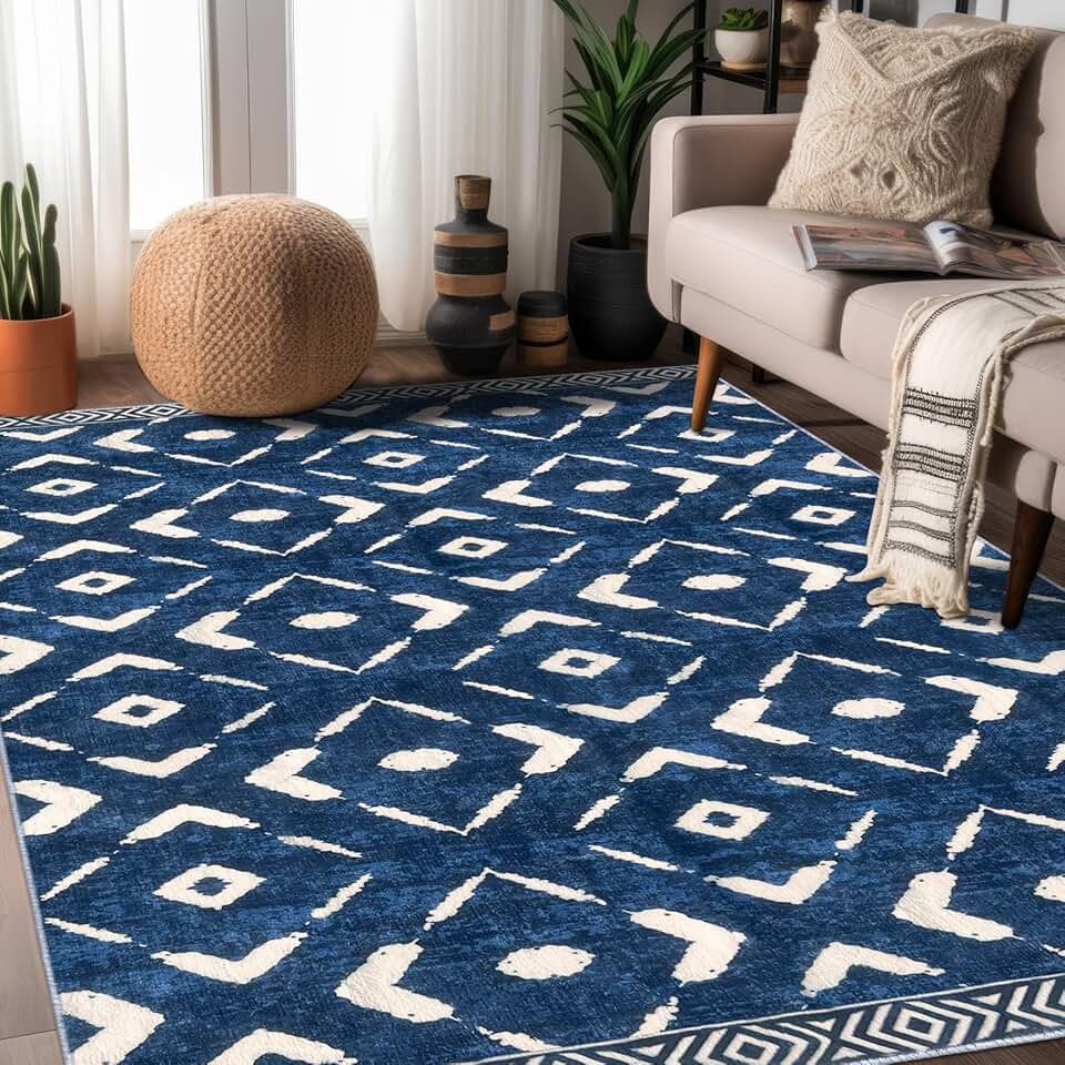 KILOCOCO Living Room Rug 9x12 Area Rug Boho Washable Rug Bedroom Rug Non Slip Large Moroccan Rug Indoor Foldable Carpet for Dining Room Office Farmhouse Geometric Rug, Blue