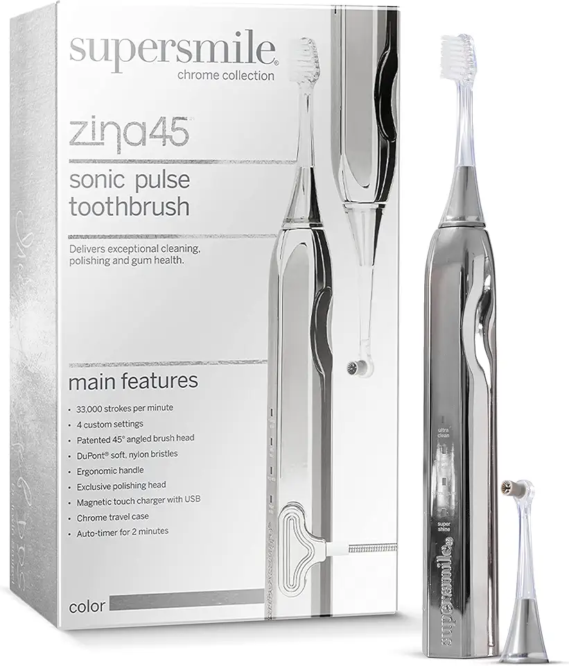 Supersmile Zina45 Deluxe Sonic Pulse Electric Toothbrush, Rechargeable Whitening Tooth Brush, Silver