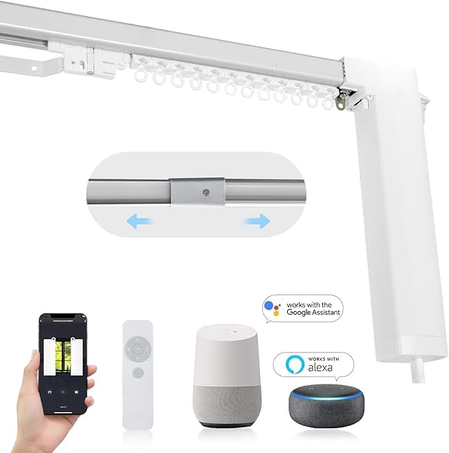 Smart Adjustable Curtains Rod System Electric Track with Remote Automated Retractable Rail Motorized Telescoping Length WiFi Motor compatible with Alexa/Google Home/APP (97